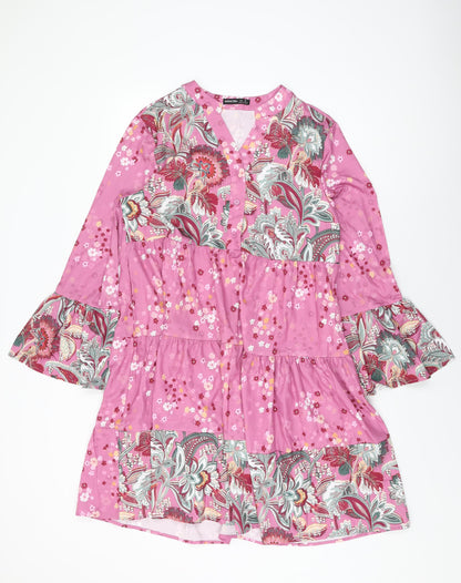 Noracora Womens Pink Floral Polyester Shift Size S V-Neck Button