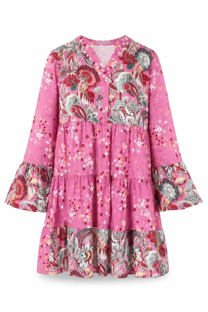 Noracora Womens Pink Floral Polyester Shift Size S V-Neck Button