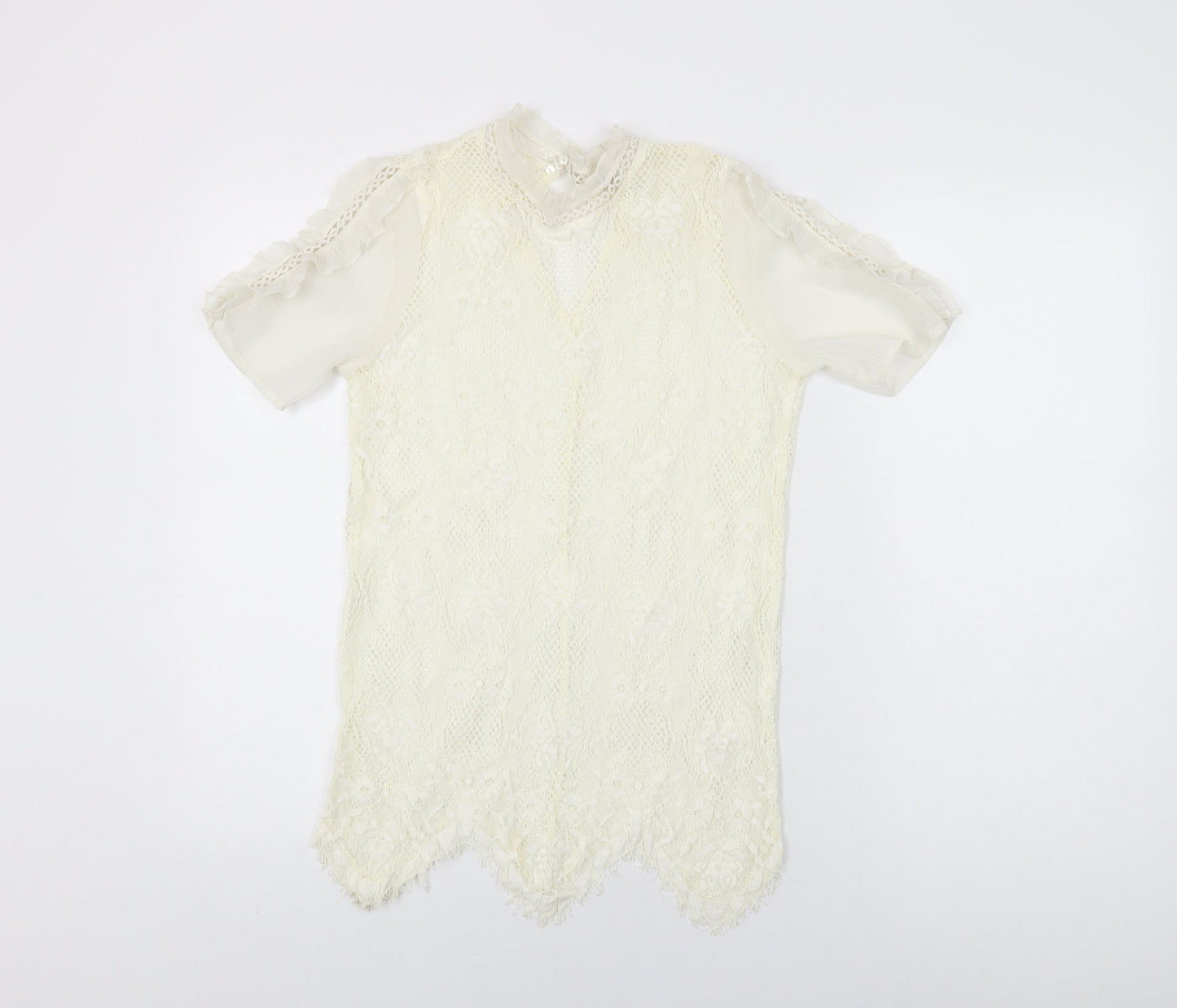 River Island Womens Ivory Floral Polyester Basic T-Shirt Size 6 Round Neck
