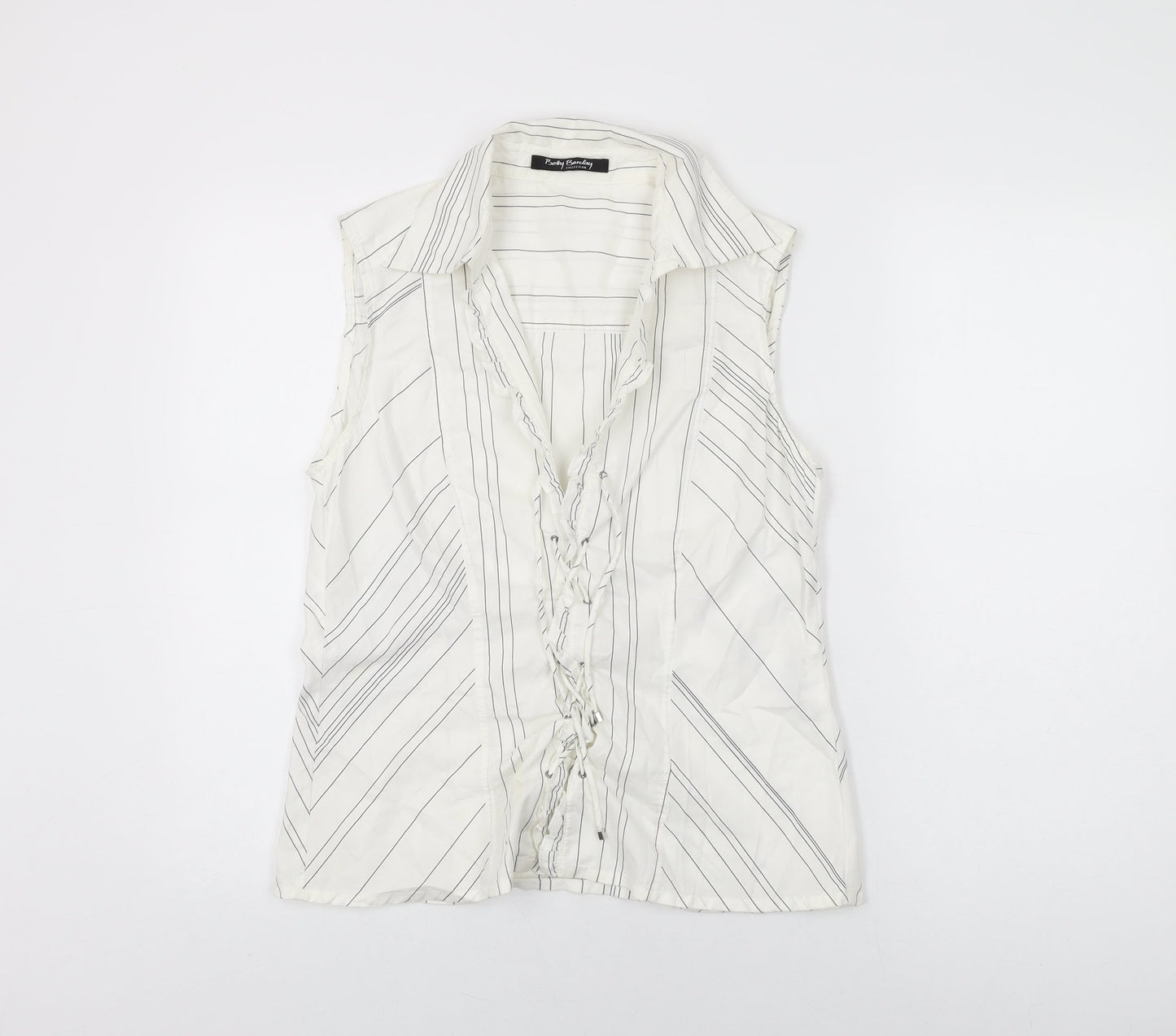 Betty Barclay Womens White Striped Cotton Basic T-Shirt Size 14 Collared