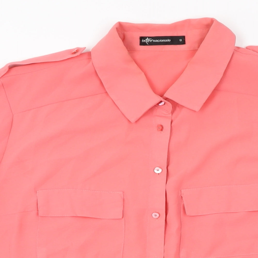 Internacionale Womens Pink Polyester Basic Button-Up Size 8 Collared