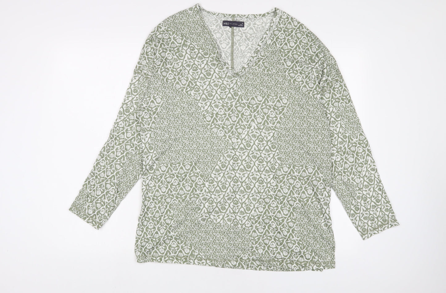 Marks and Spencer Womens Green Floral Linen Basic T-Shirt Size 10 V-Neck