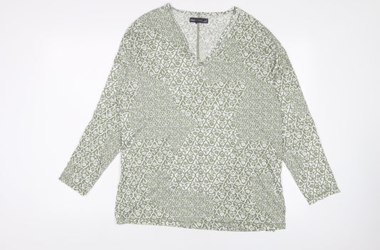 Marks and Spencer Womens Green Floral Linen Basic T-Shirt Size 10 V-Neck
