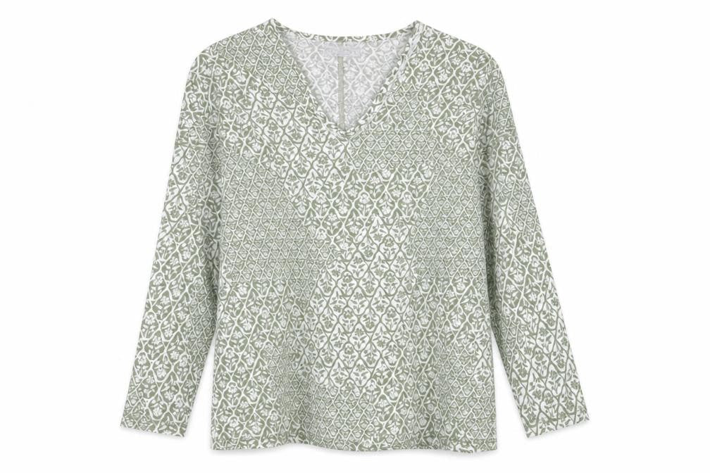 Marks & Spencer Womens Green Floral Linen Basic T-Shirt Size 10 V-Neck