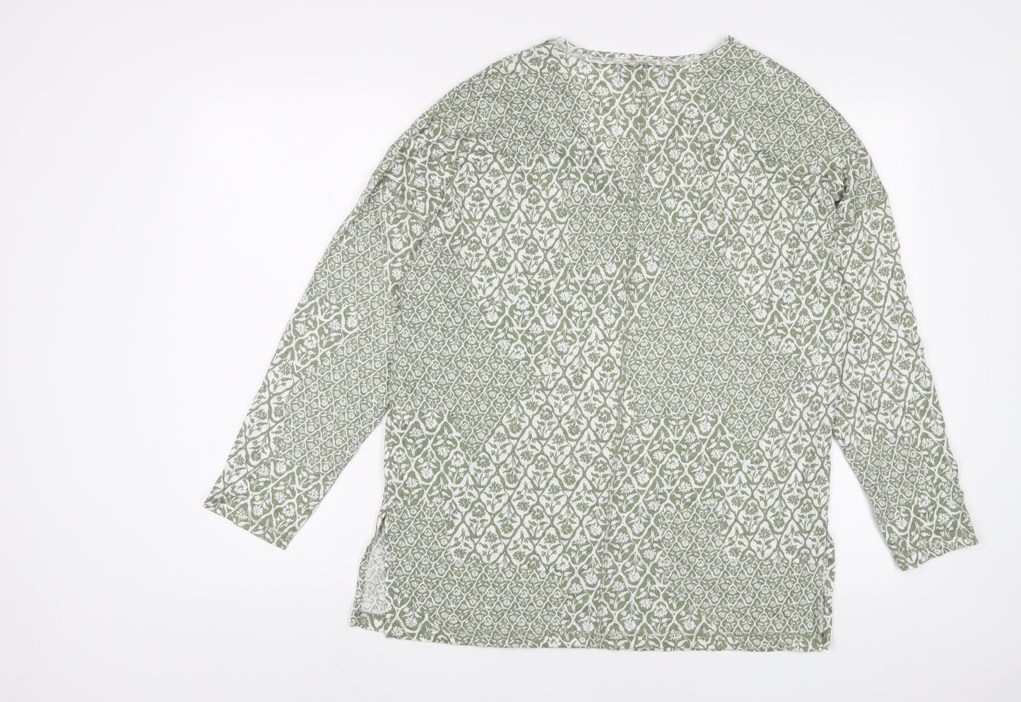 Marks and Spencer Womens Green Floral Linen Basic T-Shirt Size 10 V-Neck