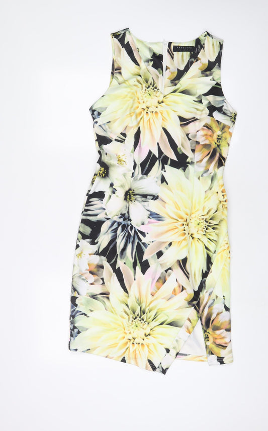 Angeleye Womens Yellow Floral Polyester Sheath Size 10 V-Neck Zip