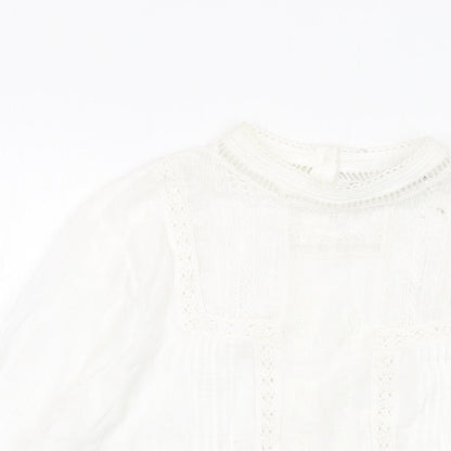 Close-up detail of Red Herring women’s blue cotton basic blouse, size UK 12, mock neck