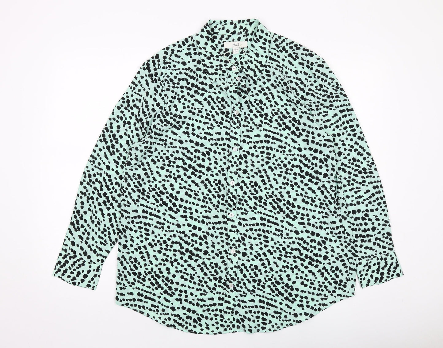 Marks and Spencer Womens Green Geometric Polyester Basic Button-Up Size 12 Collared