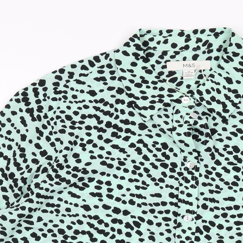 Marks and Spencer Womens Green Geometric Polyester Basic Button-Up Size 12 Collared