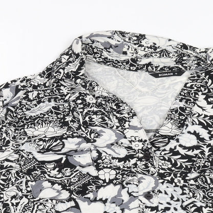Close-up detail of Roman women’s black geometric viscose basic button-up, size UK 18, v-neck