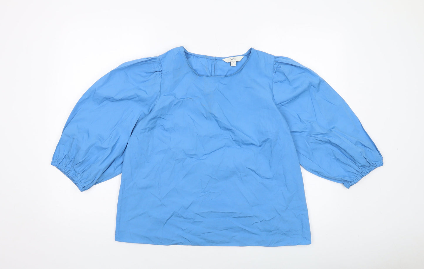 Marks and Spencer Womens Blue Cotton Basic Blouse Size 14 Round Neck