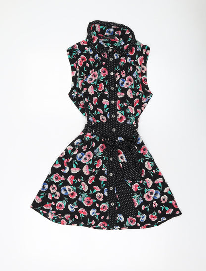 Additional front view of Miss Selfridge women’s black floral polyester a-line, size UK 8, collared button
