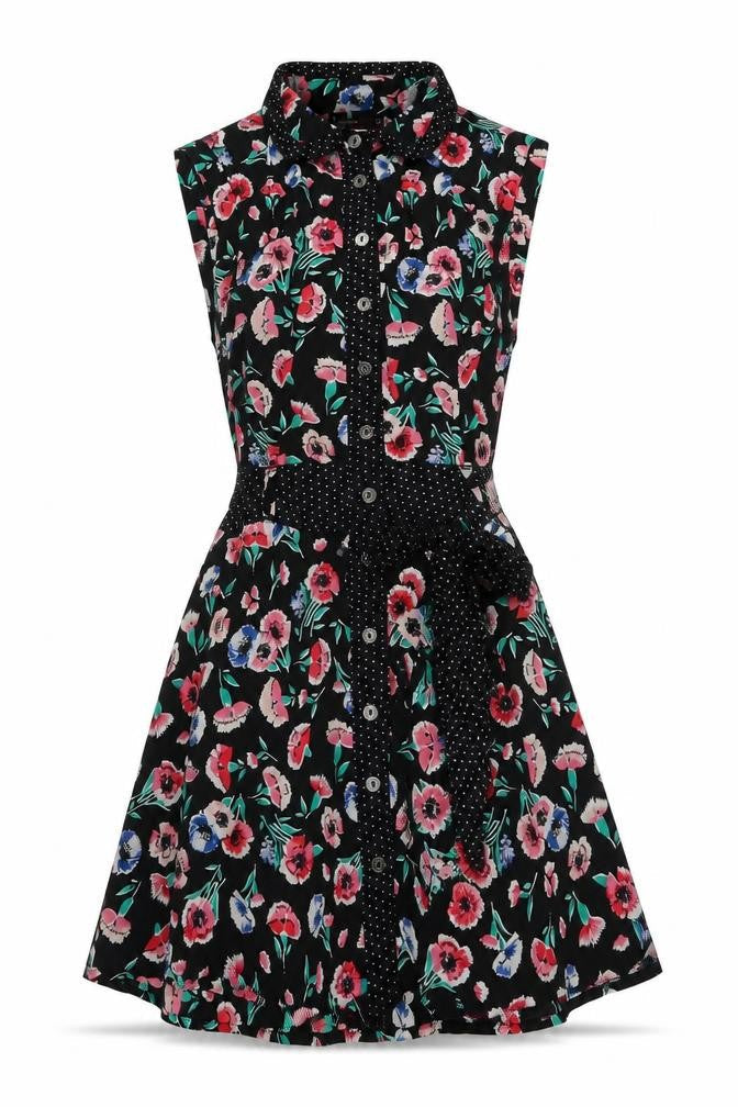 Miss Selfridge Womens Black Floral Polyester A-Line Size 8 Collared Button
