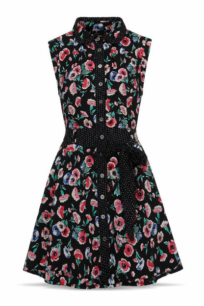 Front view of Miss Selfridge women’s black floral polyester a-line, size UK 8, collared button