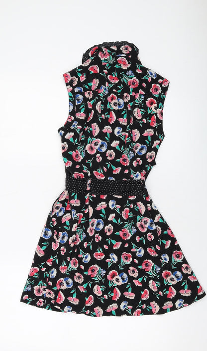 Back view of Miss Selfridge women’s black floral polyester a-line, size UK 8, collared button