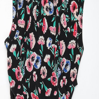 Brand and care label for Miss Selfridge women’s black floral polyester a-line, size UK 8, collared button