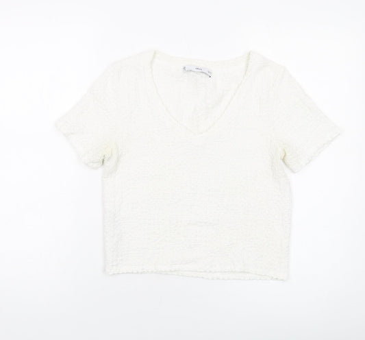 Mango Womens Ivory Polyester Cropped T-Shirt Size S Round Neck