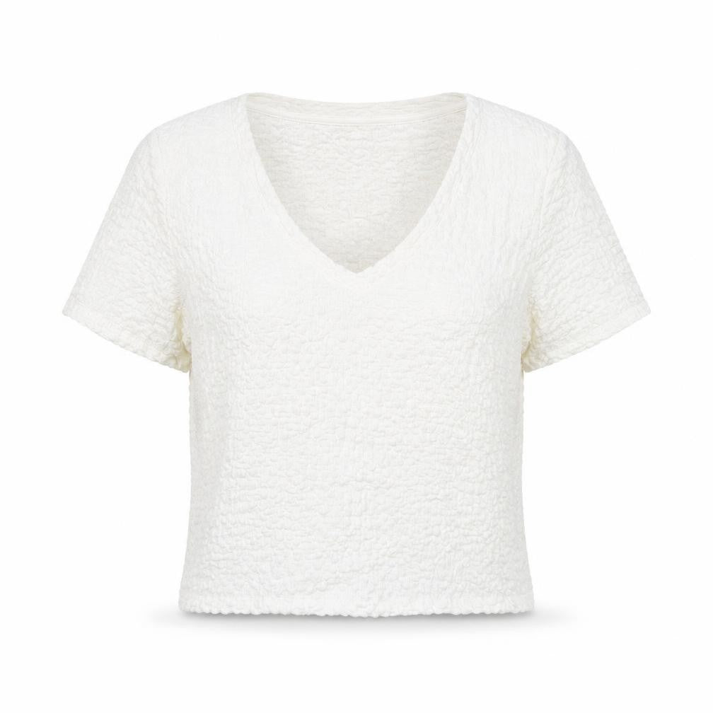 Mango Womens Ivory Polyester Cropped T-Shirt Size S Round Neck