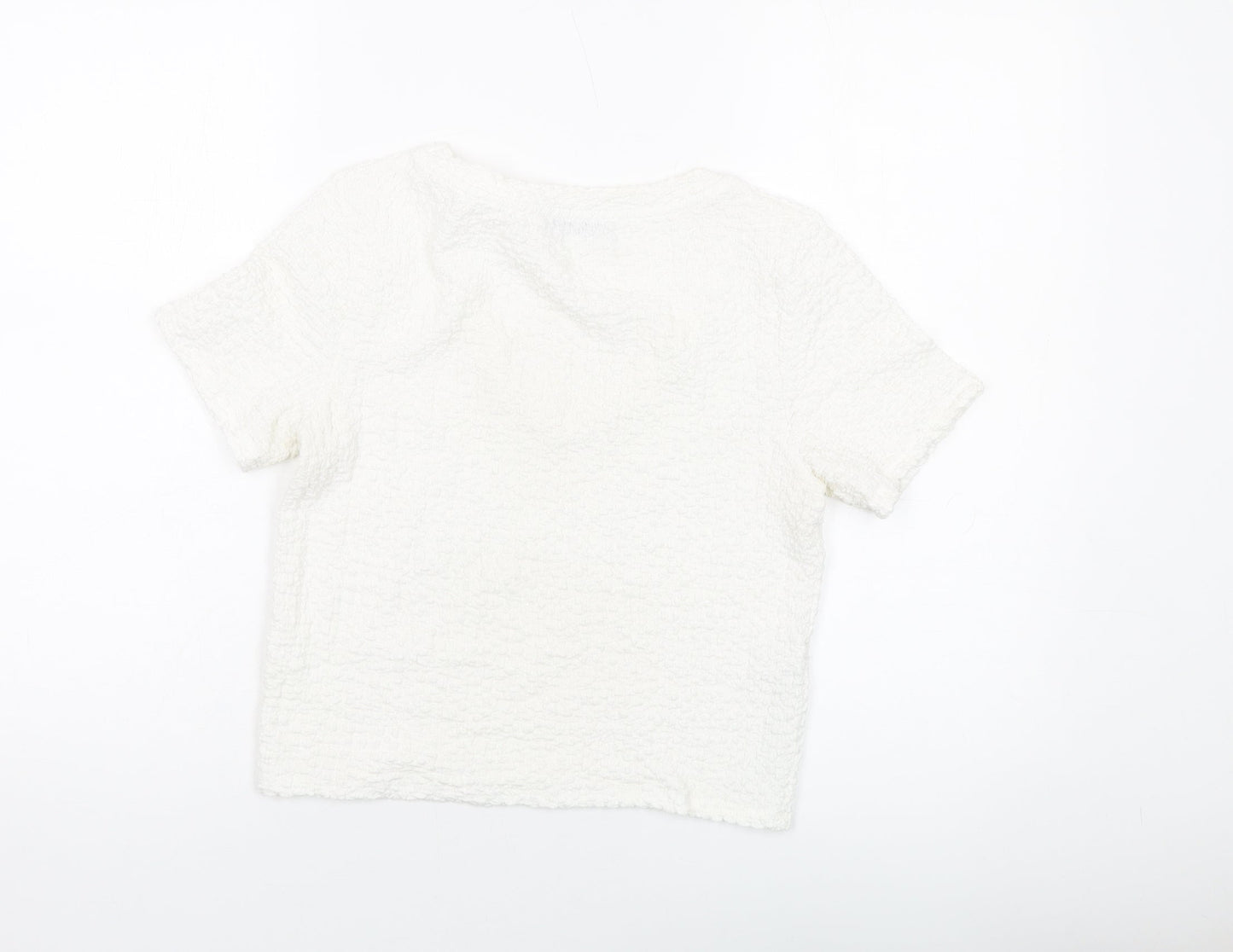 Mango Womens Ivory Polyester Cropped T-Shirt Size S Round Neck