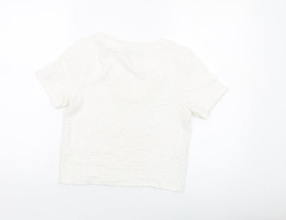 Mango Womens Ivory Polyester Cropped T-Shirt Size S Round Neck