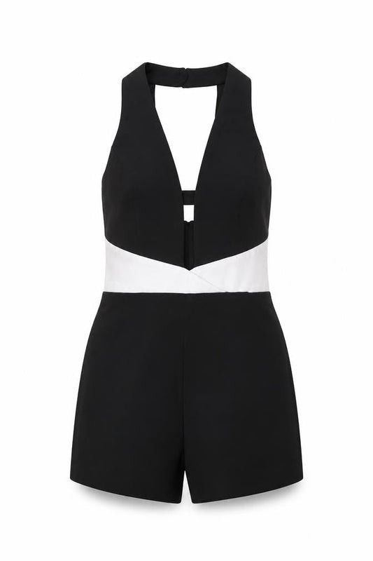 Front view of Miss Selfridge women’s black polyester playsuit one-piece, size UK 8, zip