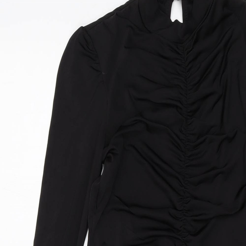 PRETTYLITTLETHING Womens Black Polyester Mini Size 8 Mock Neck Button