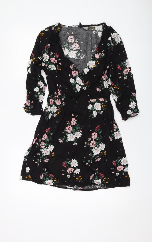 H&M Womens Black Floral Viscose A-Line Size 8 V-Neck Pullover