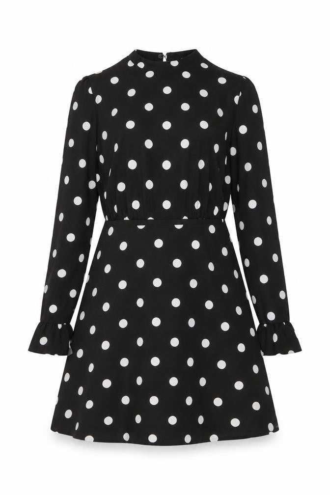 New Look Womens Black Polka Dot Polyester A-Line Size 6 Mock Neck Button