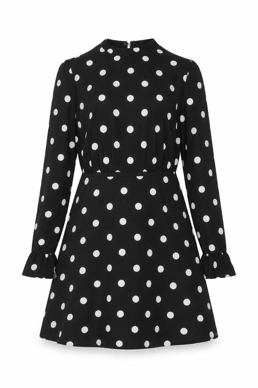 New Look Womens Black Polka Dot Polyester A-Line Size 6 Mock Neck Button