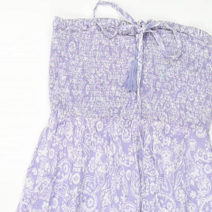 Close-up detail of Accesorize women’s purple geometric viscose a-line, size UK 12, off the shoulder pullover