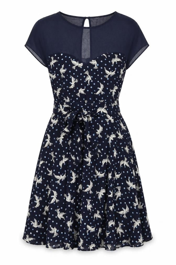 M&Co Womens Blue Geometric Polyester A-Line Size 8 Round Neck Button