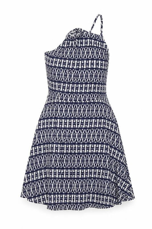 H&M Womens Black Geometric Viscose Skater Dress Size 12 Square Neck Zip