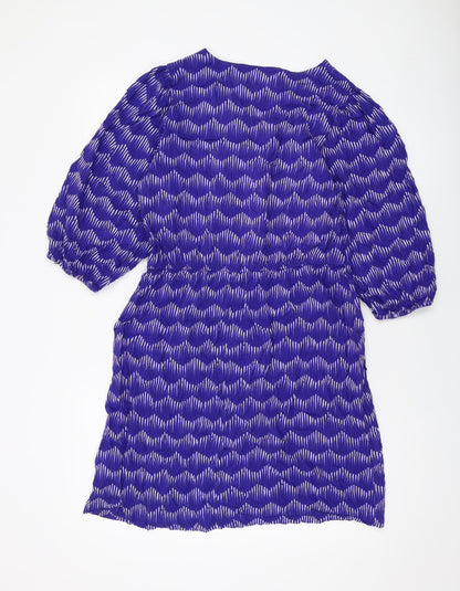 Next Womens Blue Geometric Viscose A-Line Size 12 V-Neck Tie