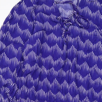 Next Womens Blue Geometric Viscose A-Line Size 12 V-Neck Tie