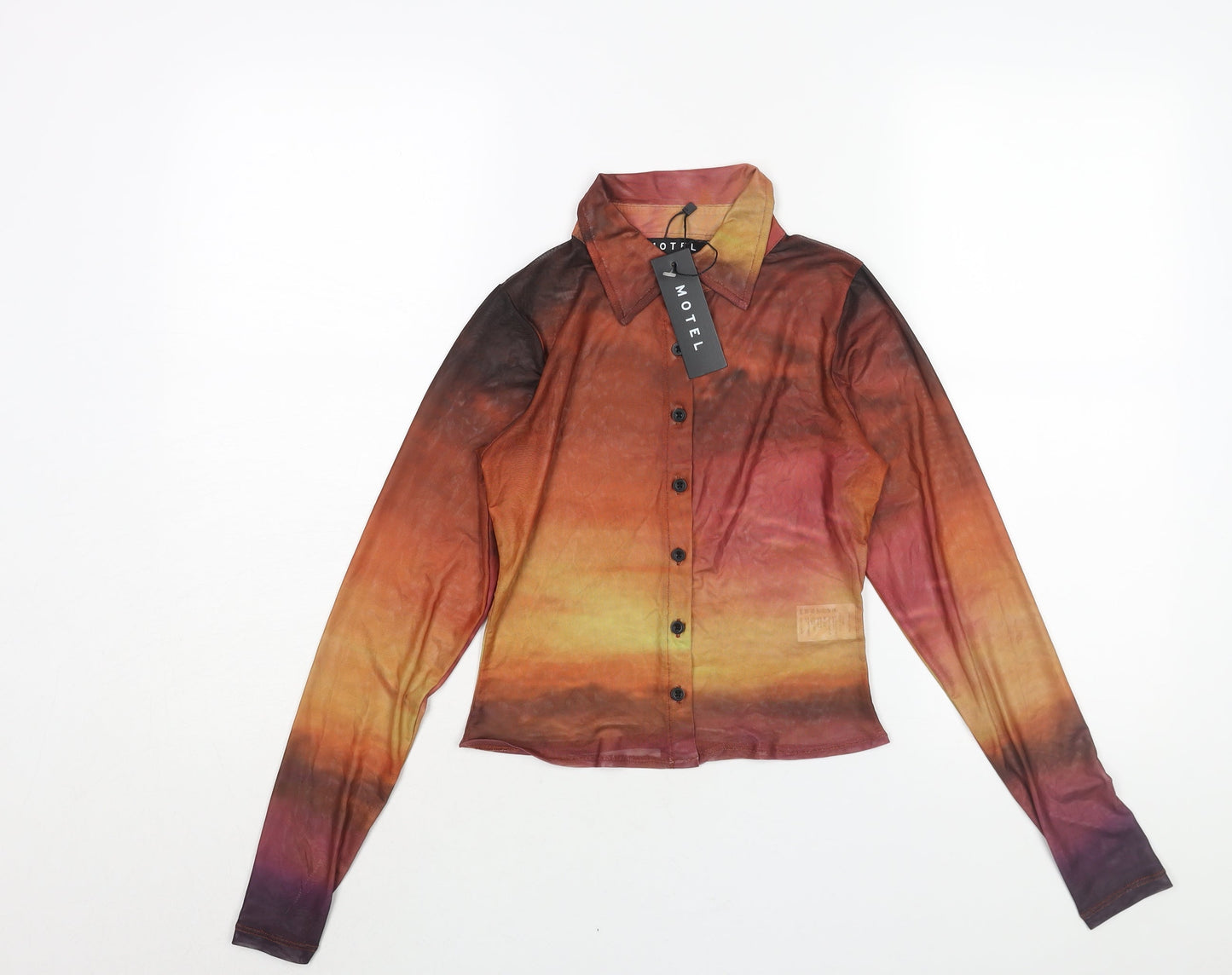 Motel Womens Multicoloured Polyester Basic Button-Up Size XS Collared - Sunset Ombre Semi Sheer