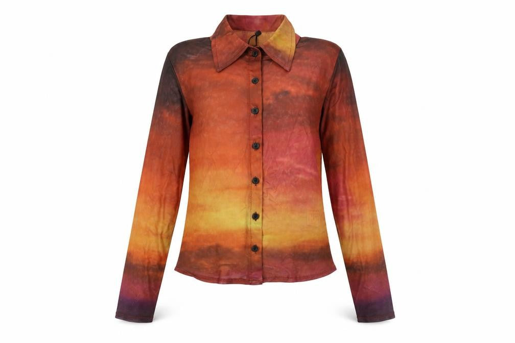 Motel Womens Multicoloured Polyester Basic Button-Up Size XS Collared - Sunset Ombre Semi Sheer