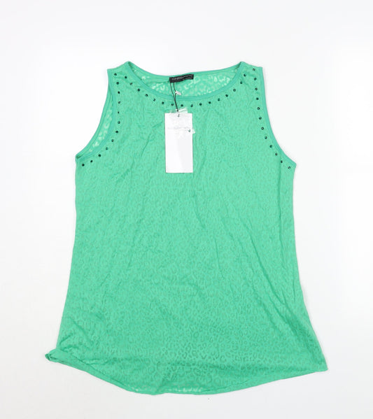 CPM Womens Green Animal Print Cotton Camisole Blouse Size 14 Round Neck - Rhinestone Detail Semi Sheer Leopard