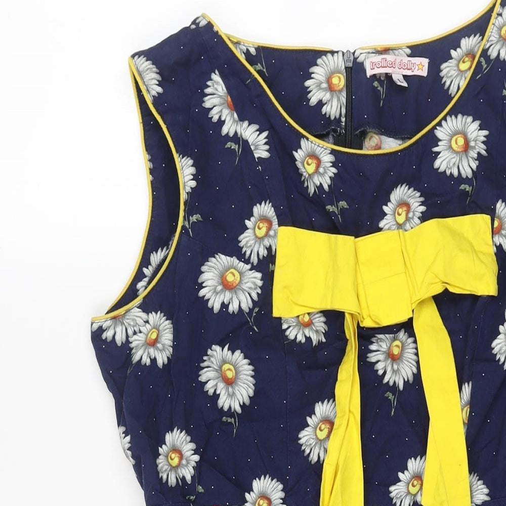 Trollied Dolly Womens Blue Floral Polyester A-Line Size L Round Neck Zip - Bow