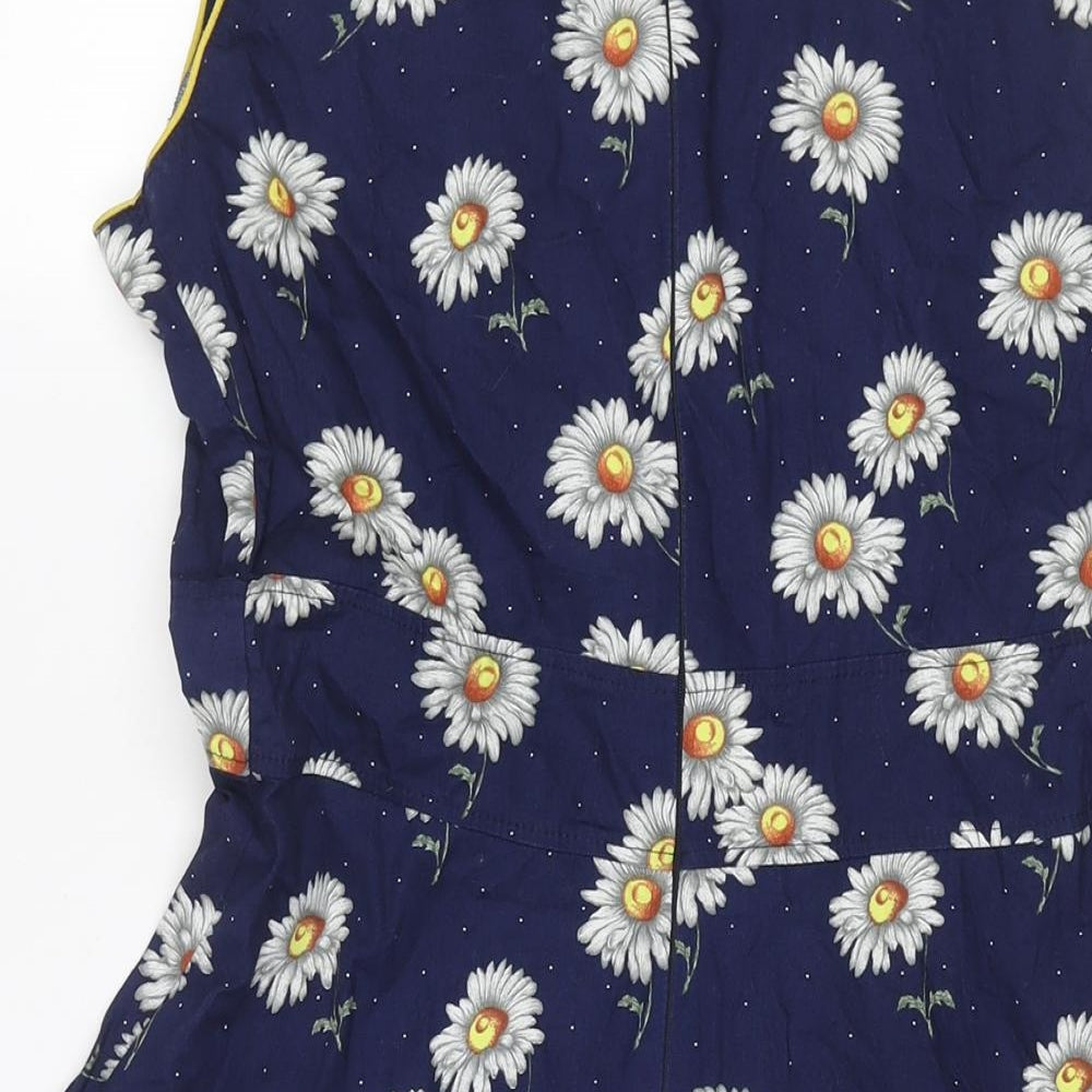 Trollied Dolly Womens Blue Floral Polyester A-Line Size L Round Neck Zip - Bow