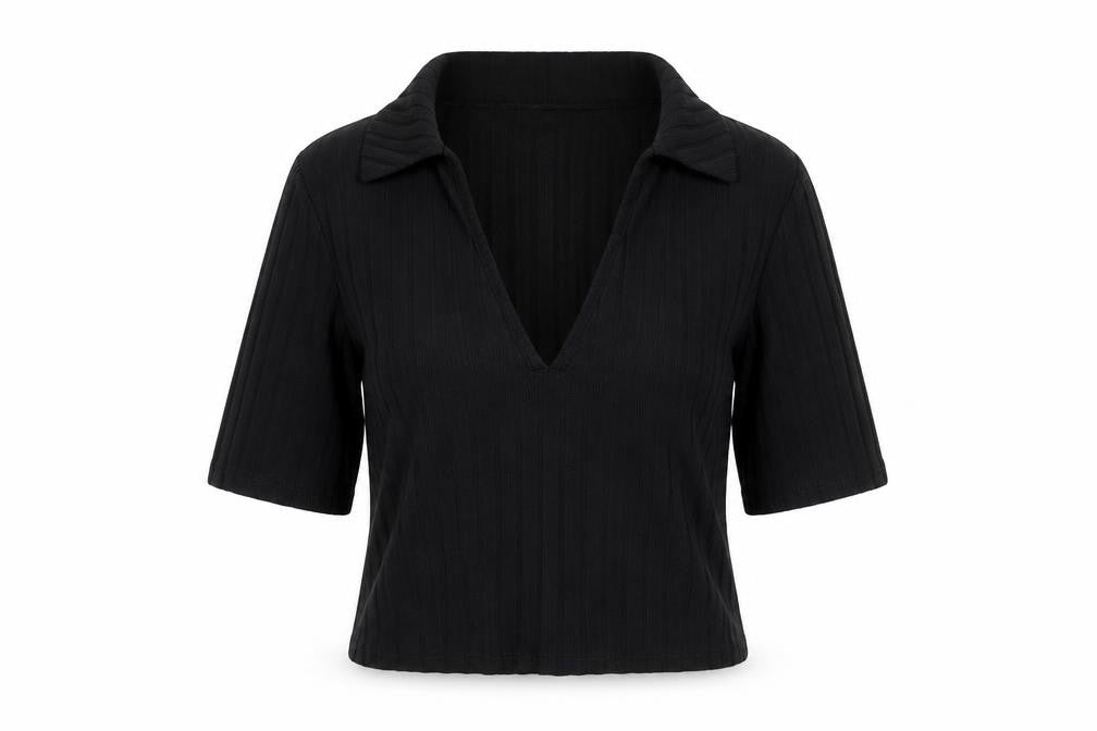 Miss Selfridge Womens Black Polyester Cropped Blouse Size 10 Collared - Ribbed