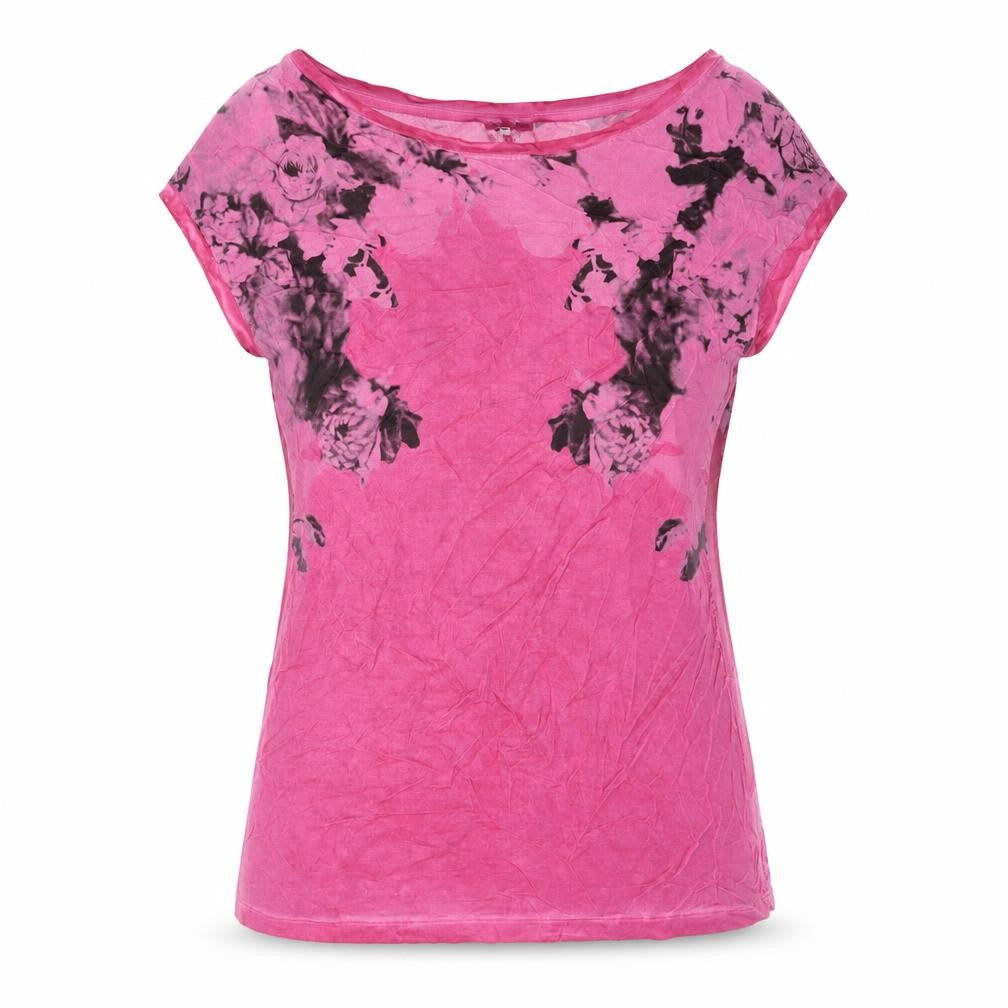 Via Delle Rose Womens Pink Polyester Basic Blouse Size S Boat Neck - Rose Print Panel Detail