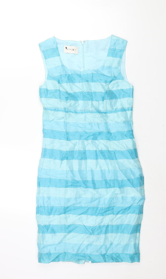 Minuet Womens Blue Striped Linen Pencil Dress Size 8 Scoop Neck Zip