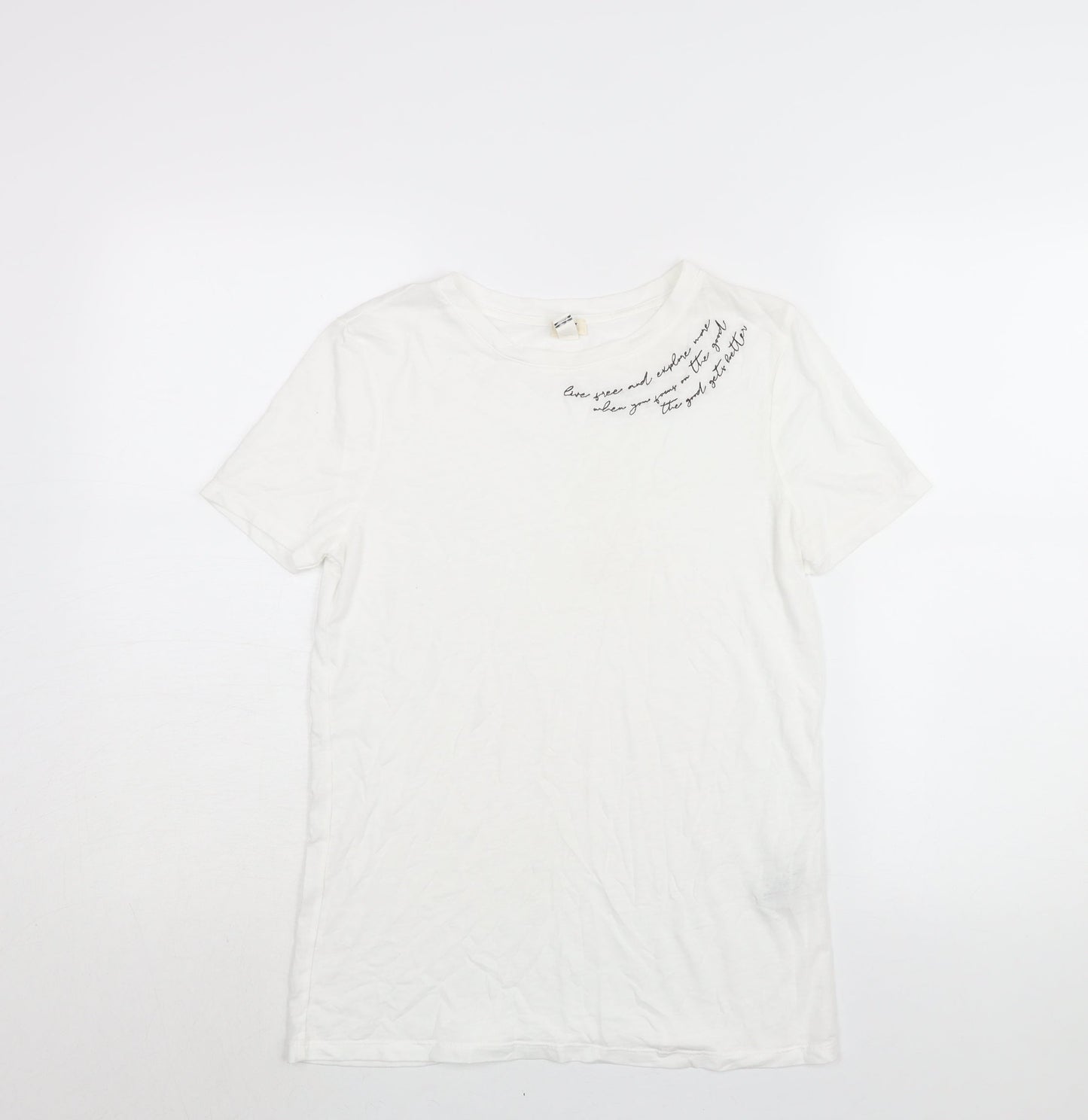 River Island Womens White Cotton Basic T-Shirt Size 6 Round Neck - Embroidered Text
