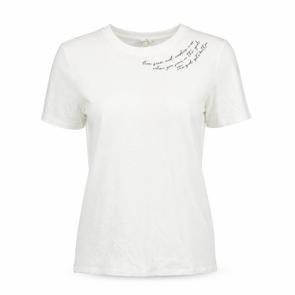 River Island Womens White Cotton Basic T-Shirt Size 6 Round Neck - Embroidered Text
