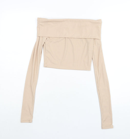 PRETTYLITTLETHING Womens Beige Polyester Cropped Blouse Size 8 Off the Shoulder