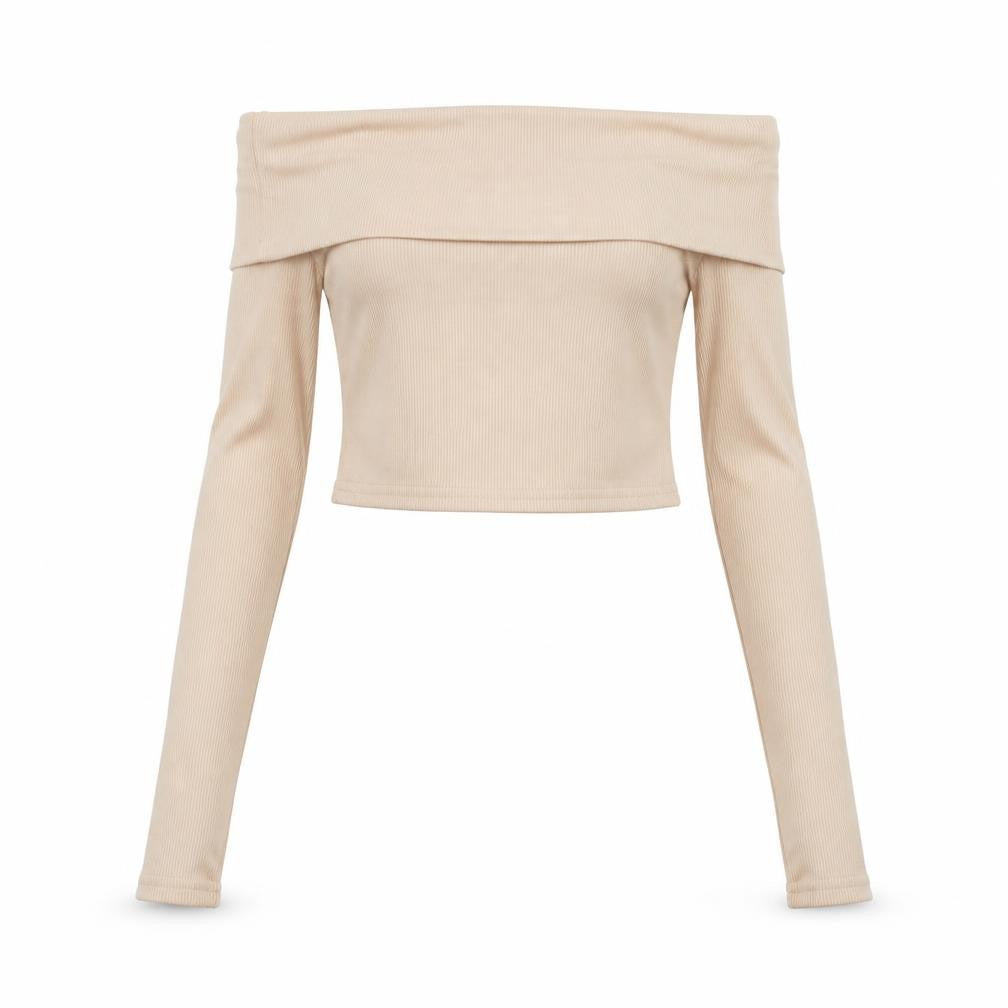 PRETTYLITTLETHING Womens Beige Polyester Cropped Blouse Size 8 Off the Shoulder