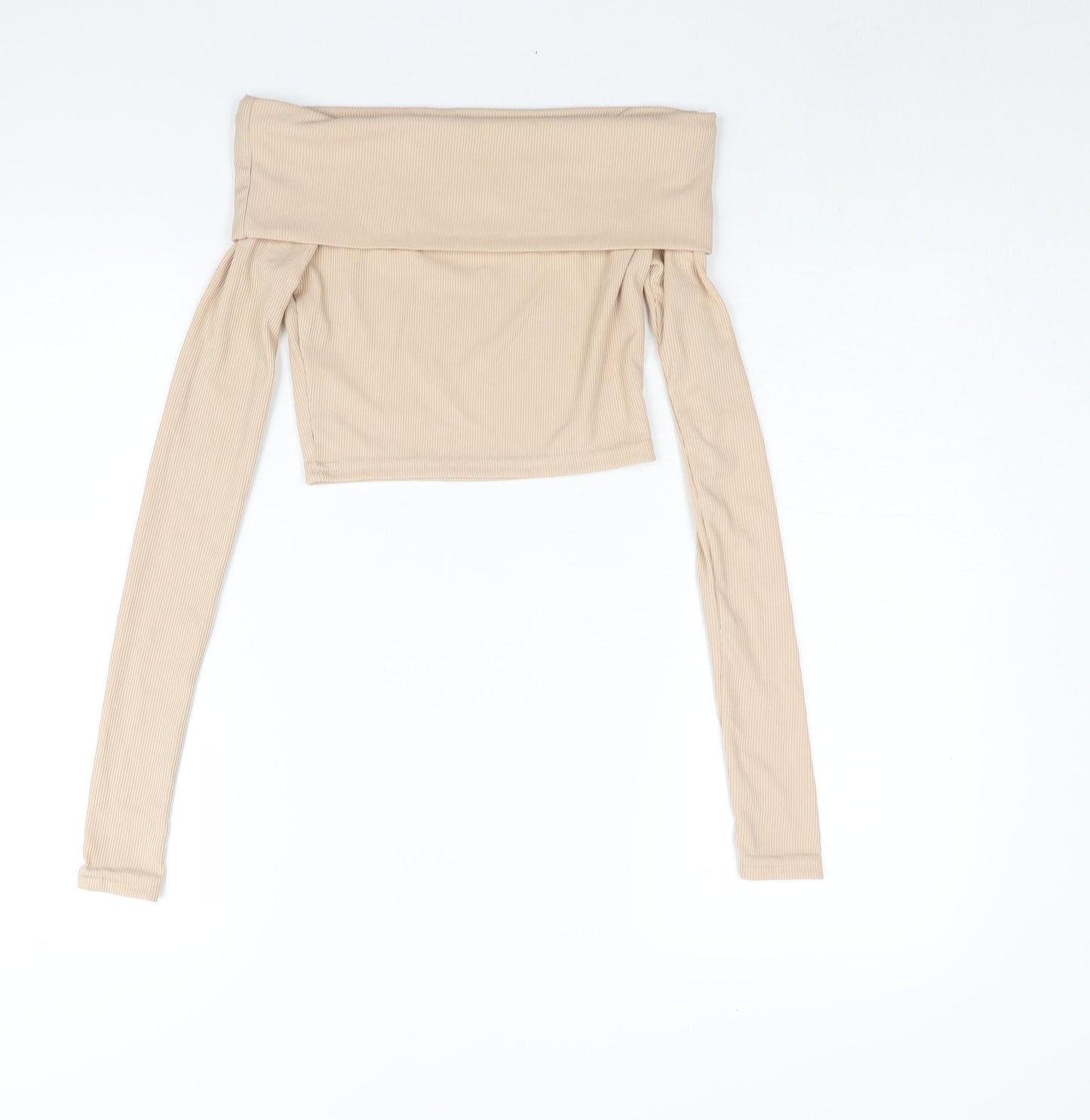PRETTYLITTLETHING Womens Beige Polyester Cropped Blouse Size 8 Off the Shoulder