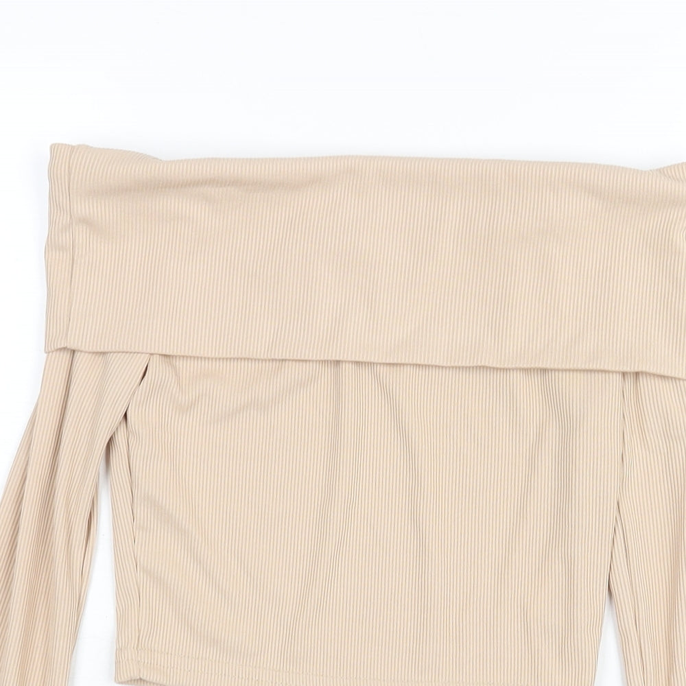 PRETTYLITTLETHING Womens Beige Polyester Cropped Blouse Size 8 Off the Shoulder