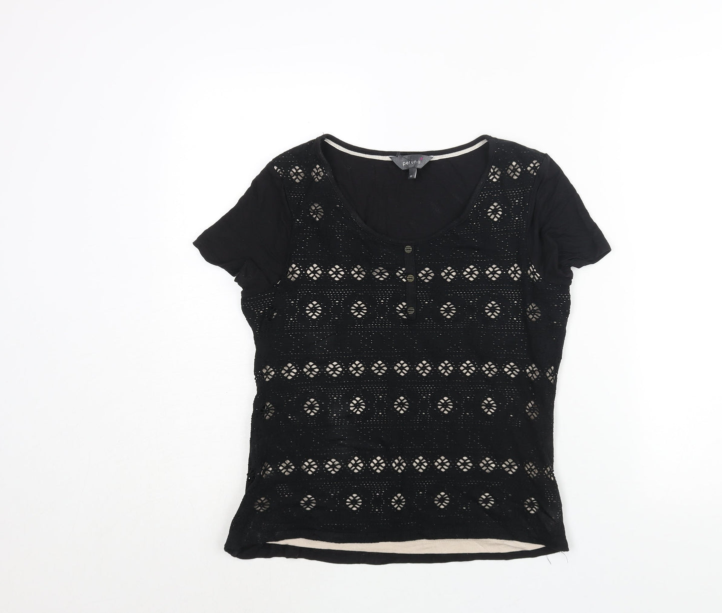 Per Una Womens Black Cotton Basic Blouse Size 10 Round Neck - Fair Isle Cut Out Button Detail