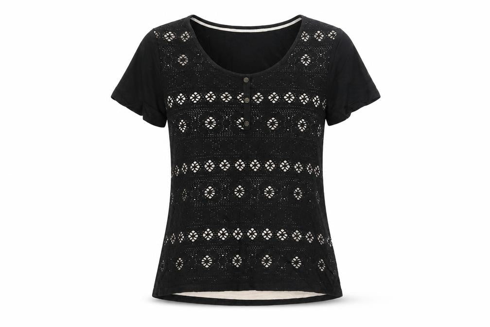 Per Una Womens Black Cotton Basic Blouse Size 10 Round Neck - Fair Isle Cut Out Button Detail